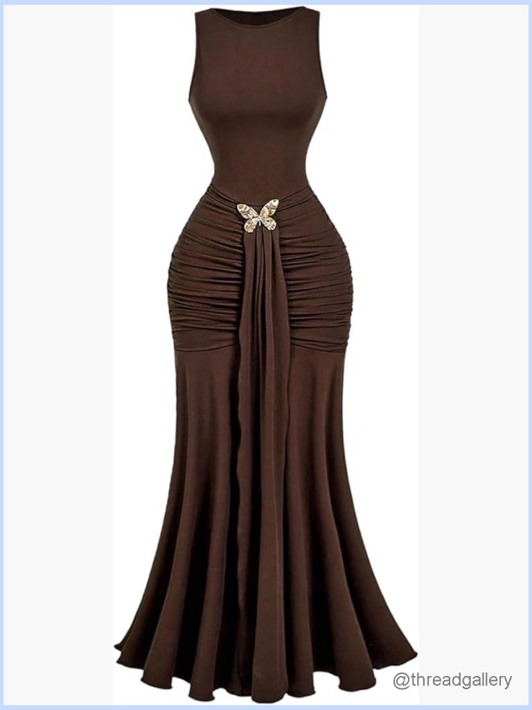Sleeveless Bodycon Maxi Dress With Butterfly Ruffle Ruched Detail